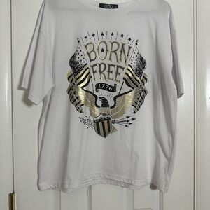 White Graphic T-Shirt with Gold and Black Design “Born Free”